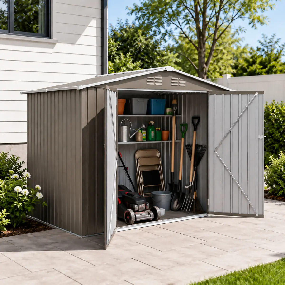 8x6 FT Outdoor Metal Storage Shed – Galvanized Steel Tool House with Lockable Double Doors & Built-in Vents, Weather-Resistant Garden Equipment Storage, Olive Grey