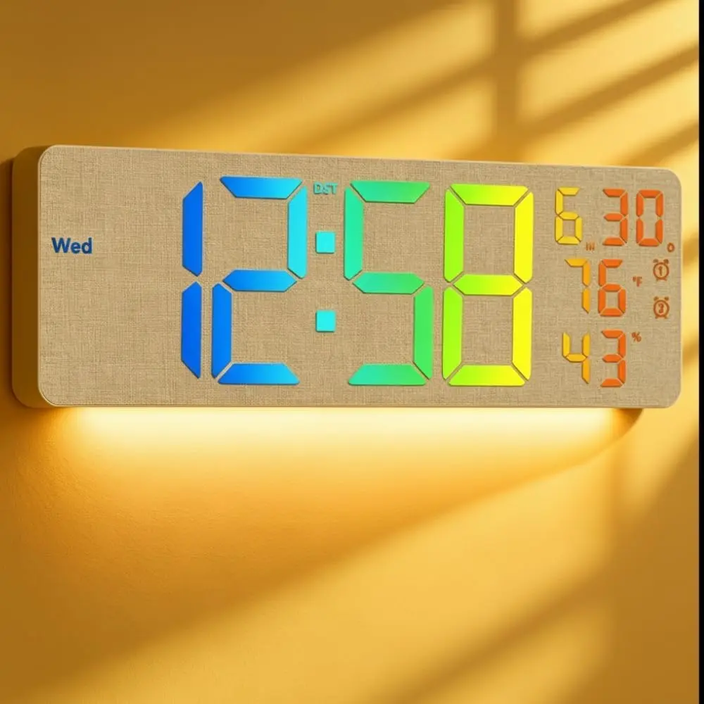 2026 Upgrade 17.3" Large Digital Wall Mount Clock, Digital Clock with Remote Control, , Big LED, RGB Color, DST, Temperature for Living Room,Classroom, Bedroom, Decor (Beige)