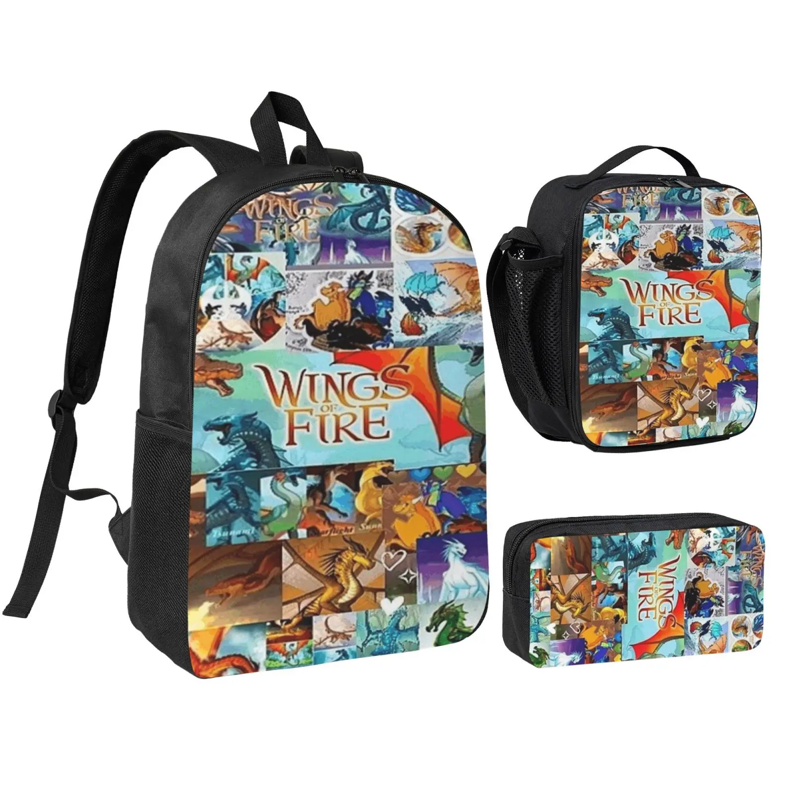 Anime Wings Of Fire Kids 3Pcs Multipurpose Teen Backpack Set with Adjustable Shoulder Straps, School Bookbag, Insulated Lunch Box & Pencil Bag for Boys Girls Daily School Travel Office