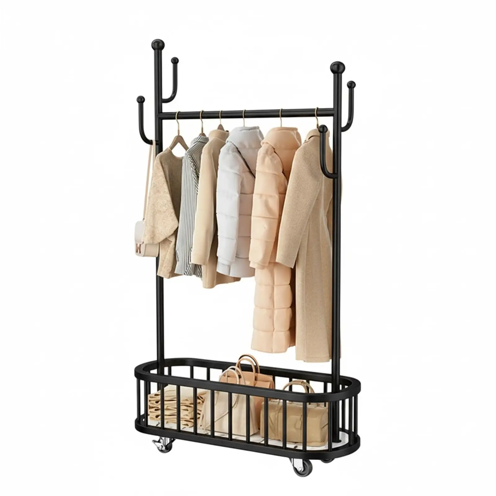 GAOMON Metal Clothing Rack with Wheels, Rolling Clothing Racks for Hanging Clothes, Standing Garment Rack with Storage Shelf and 4 Hooks, Clothes Hanger Racks for Bedroom Closet Living-Room