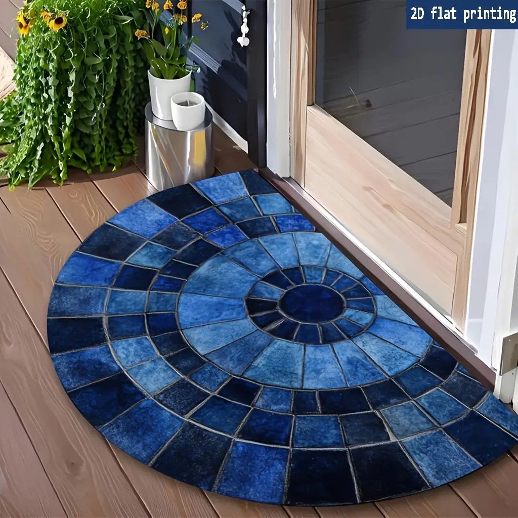 1PC 2D Printing Half Round Doormat, Navy & Cobalt Blue Gradient Mosaic Pattern Outdoor Welcome Mat, Front Door Mat, Floor Rug for Entryway, Kitchen, Patio, Balcony & Bathroom