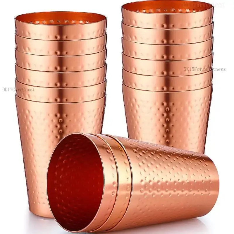 Set of 12 Hammered Copper Tumblers, 14 oz Kitchen Drinkware - Reusable, Washable, and Stackable Metal Cups with a Mirror Finish, Drinking, Cold Drinks, 14Oz, Hammered SurfaceXX15ForgeFitness
