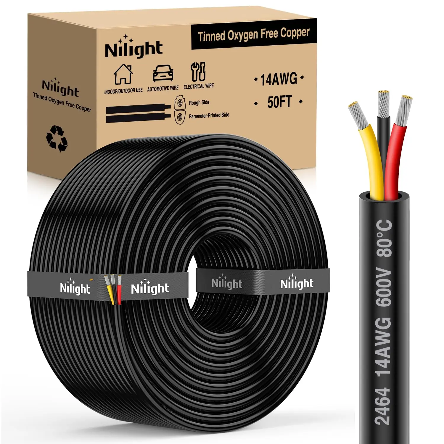 Nilight 50FT 14AWG 3 Conductor Electrical Wire Tinned Oxygen Free Copper Red Black Yellow 3 Wires Parallel 600V DC Flexible PVC Case Extension Cords for LED Strips Lamps Lighting