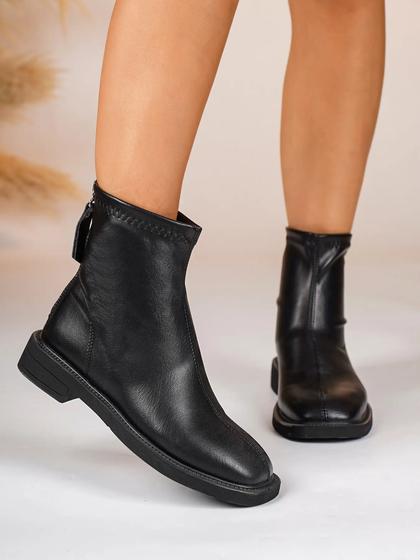Elastic Slim Short Boots, Flat Sole Nude Boots, Back Zip Ankle Boots, Spring Fall Commute, Early Morning Lazy Wear, Straight Leg Jeans Pairing