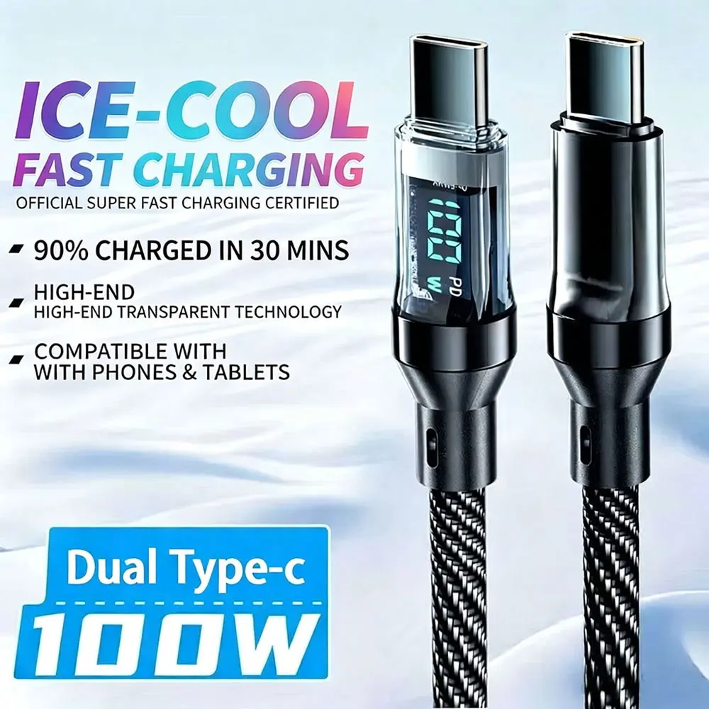100w Smart Display Fast Charging Electronic Cable, Dual Type-C Braided Data Cable, Compatible with iPhone Huawei Laptop Series