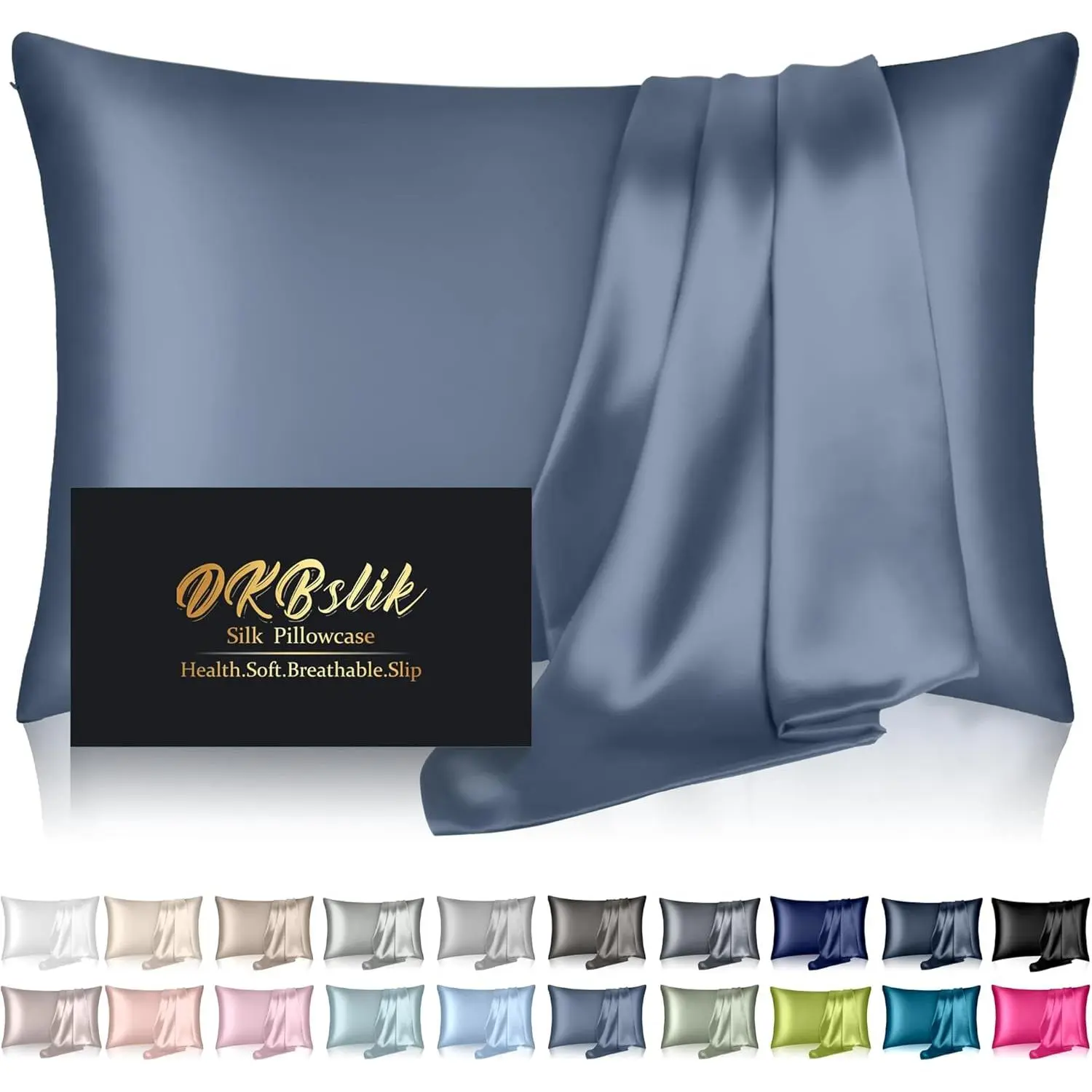 Silk Pillowcase for Hair and Skin, Mulberry Silk Pillow Standard Size, Anti Acne Cooling Sleep Both Sides Natural Silk Pillow Covers with Hidden Zipper, Gifts for Men, Ash Blue