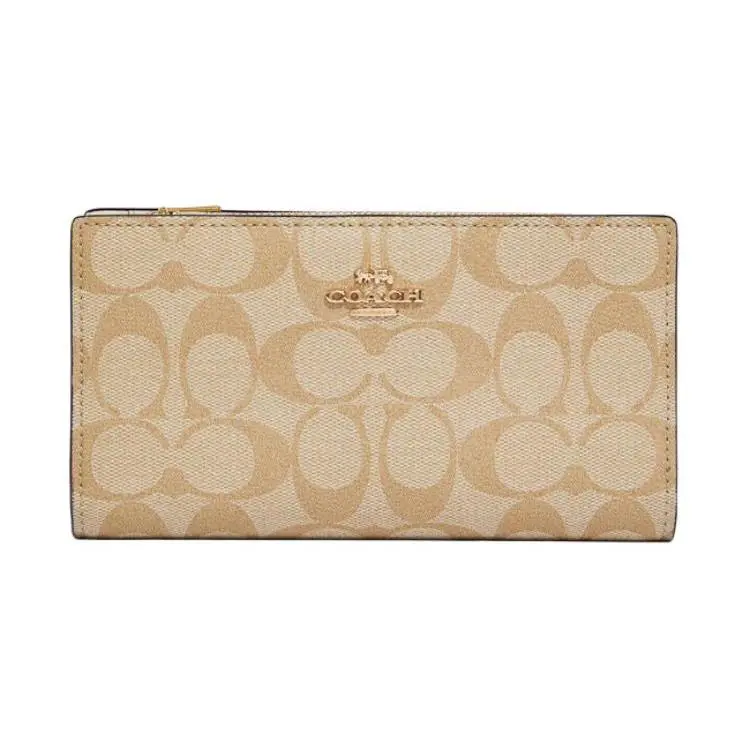 COACH Slim Wallet for Women – Classic Monogram Three-Tier Clasp Wallet in Coated Canvas and Leather, Dark Khaki