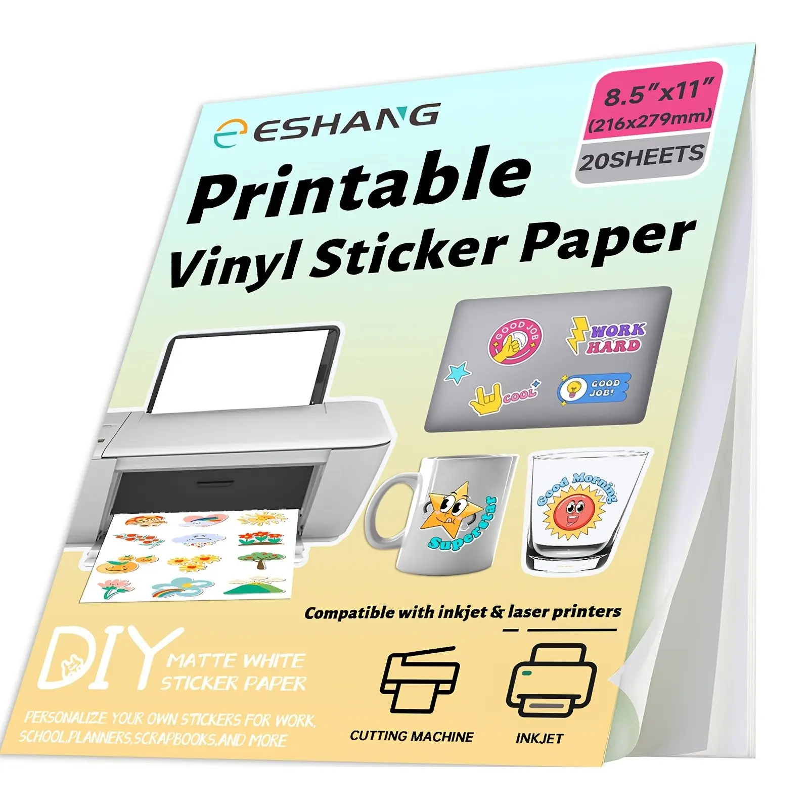 20 Sheets Glossy Printable Vinyl Stickers, 8.5x11 Inches, Suitable for Inkjet & Laser Printers, Self-Adhesive Waterproof Stickers, DIY Craft Supplies