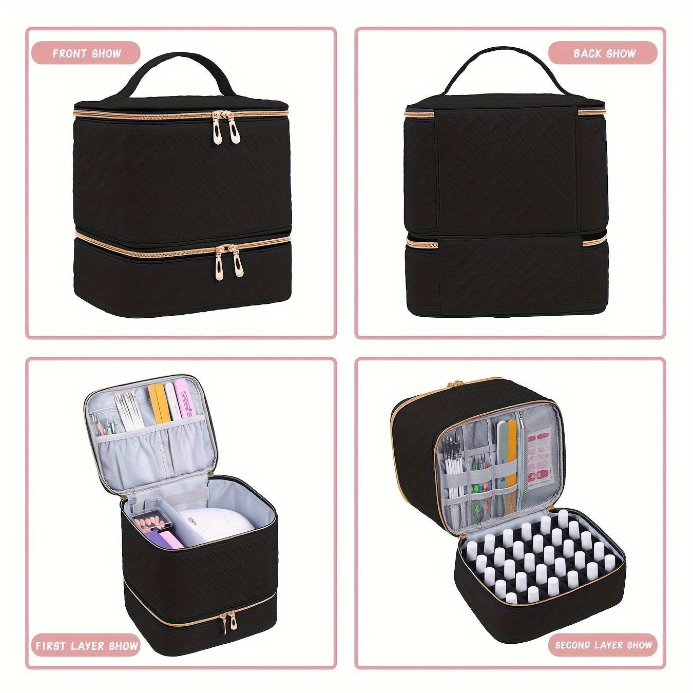 Double Layer Nail Polish Organizer Makeup Box, Portable Large Capacity Travel Case, Zipper, Durable and Lightweight