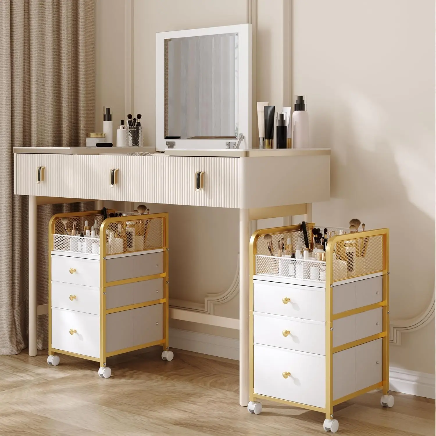 Rolling Makeup Organizer Cart with 3 Drawers, Under Desk Vanity Makeup Storage Cart, Bathroom Storage Cart Cosmetic Display Cases Cabinet for Nail Polish, Brushes & Hair Tools, Gold