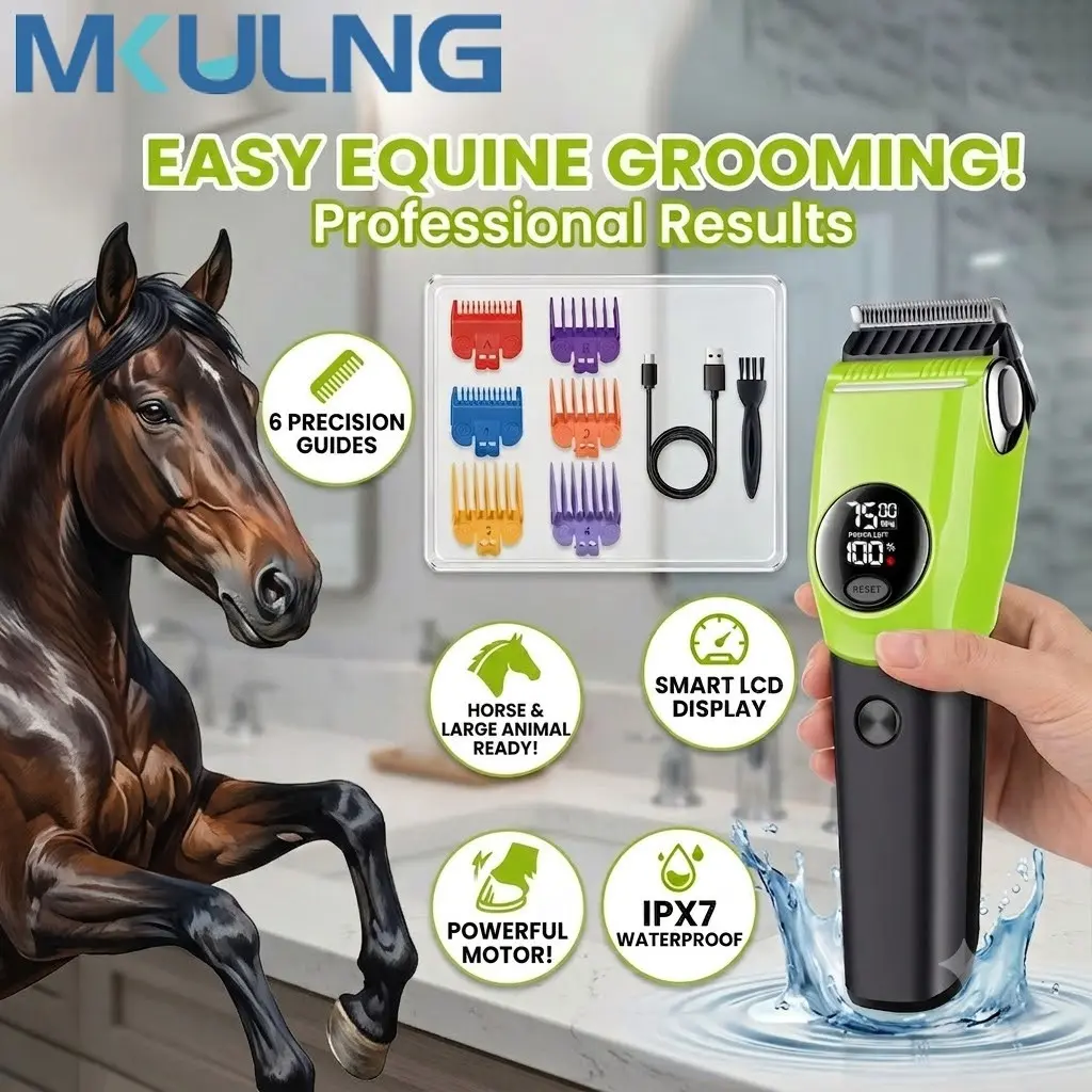 Mkulng Cordless Horse Hair Clippers Kit, Rechargeable Low Noise Trimmer, Detachable Blade, 6 Combs, 3 Speeds, Professional Grooming Tool
