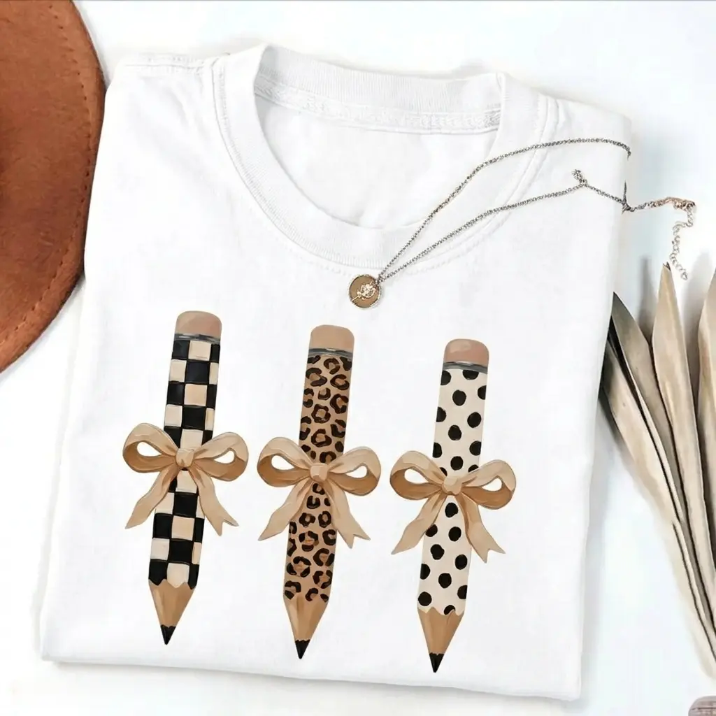 Brushstroke Pencil Bow T-Shirt, Teacher Graphic Tee, Preppy Coquette Teacher Shirt, Educator Gift, Elementary Teacher, Kindergarten