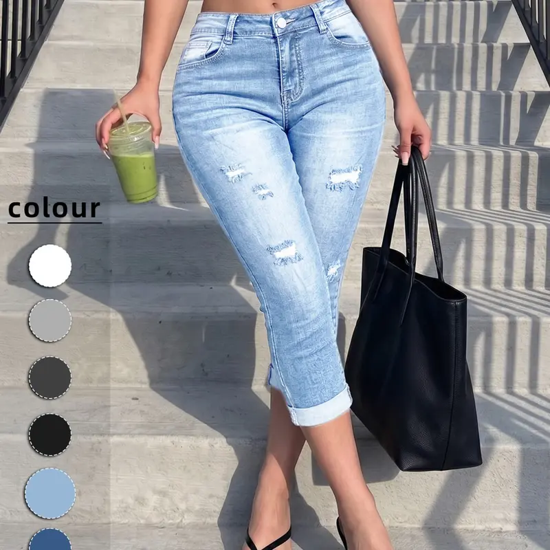 Women's High Waisted Distressed Ripped Rolled Cuff Denim Jean Capri Pants, Slim Fit Y2K Streetwear, Daily Wear for Spring & Summer