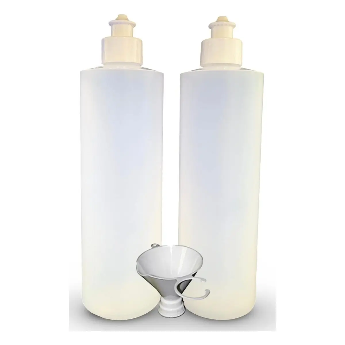 16oz Translucent HDPE Plastic Squeeze Bottles (2-Pack) with Push-Pull Dispensing Caps, Includes Threaded Funnel for Bulk Fill Lotions, Shampoos