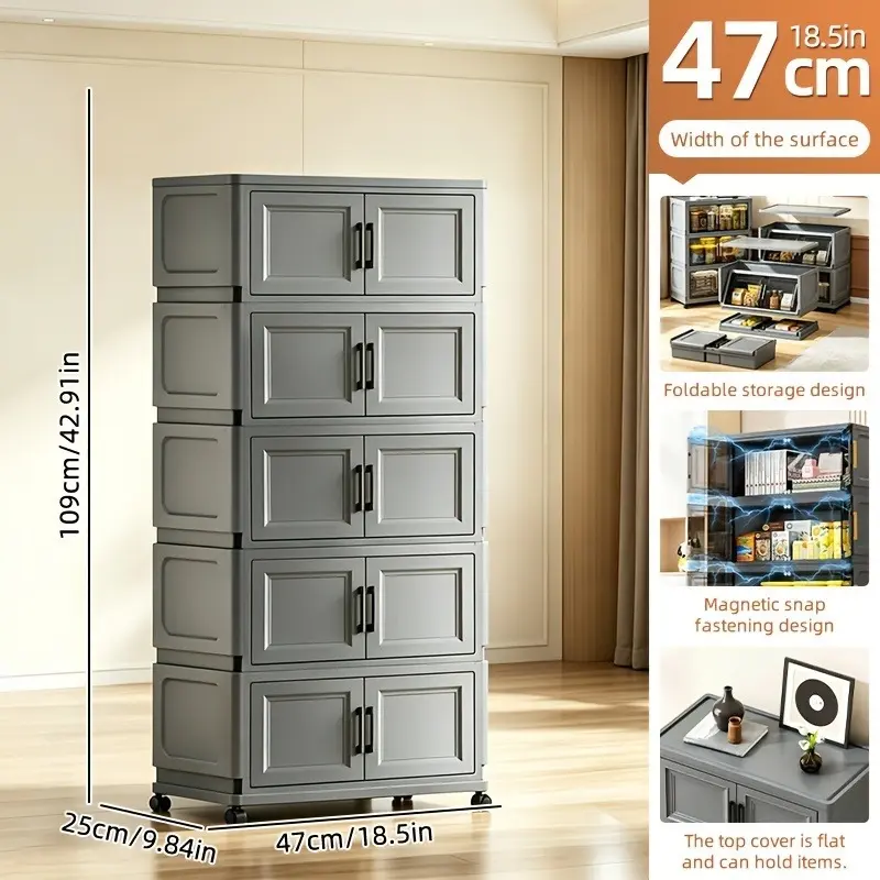 3/4/5 layer covered plastic storage box, convenient foldable organizer and storage cabinet with swivel wheels, wardrobe storage box and storage box stackable, magnetic door household clothing, snacks and miscellaneous storage box