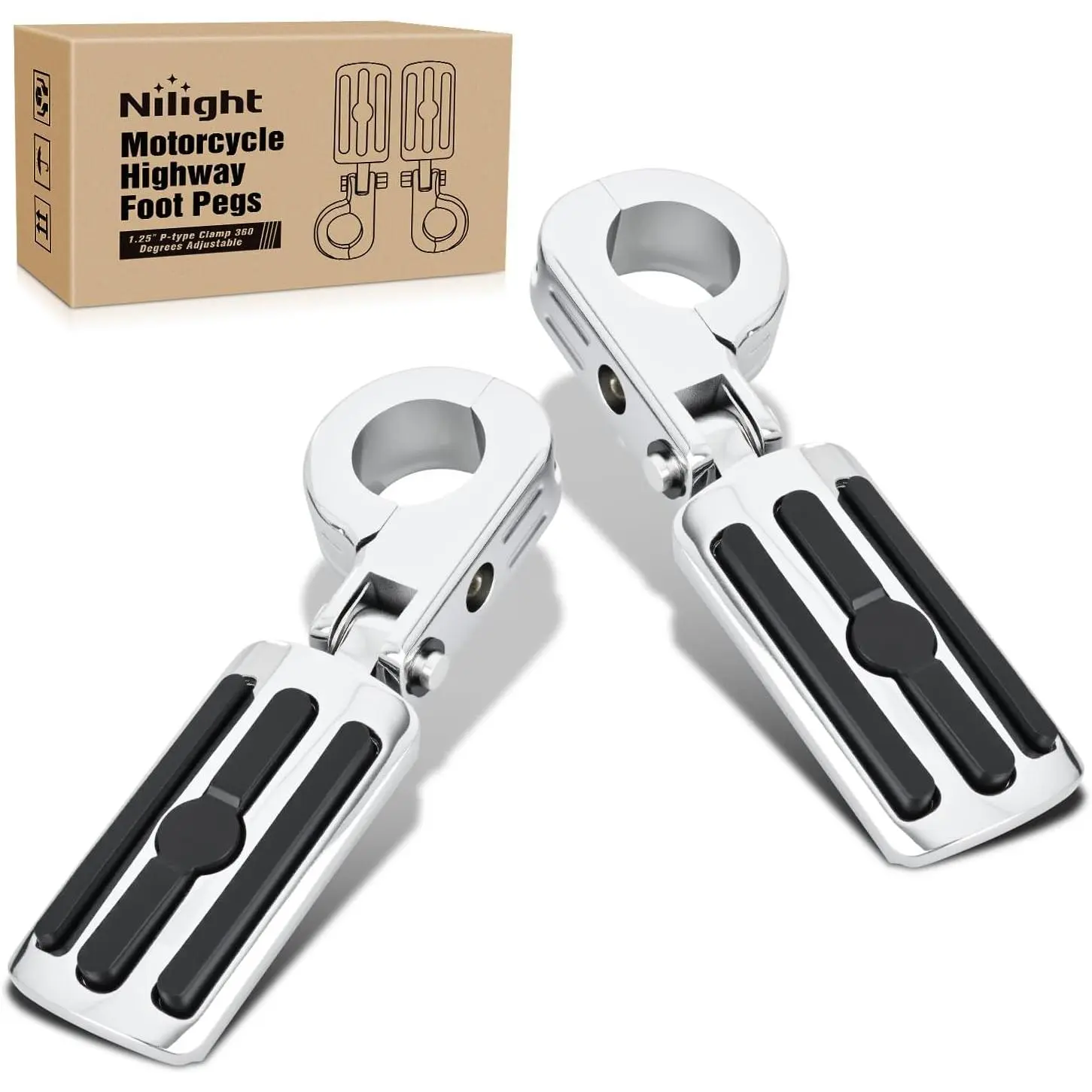 Nilight 1-1/4 Inch Motorcycle Highway Pegs Adjustable 360° Angled Foot Pegs P-Clamp Universal For 1.25 Inch Engine Guard Crash Bars FootPegs Fits for Harley Davidson Touring Road King Street Glide Sportster