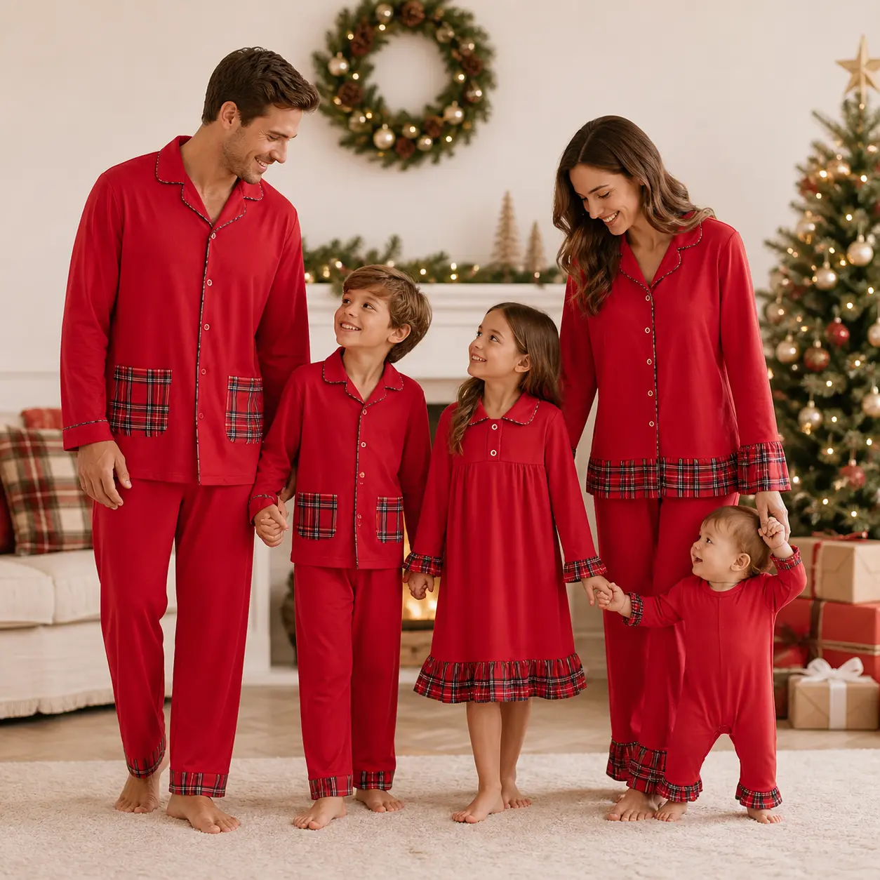 Family Matching Christmas Pajamas Set - Red Tartan Trim Button-Down Long-Sleeve Clothes, Festive Top & Pants Sleepwear for Whole Family Holiday Photoshoot