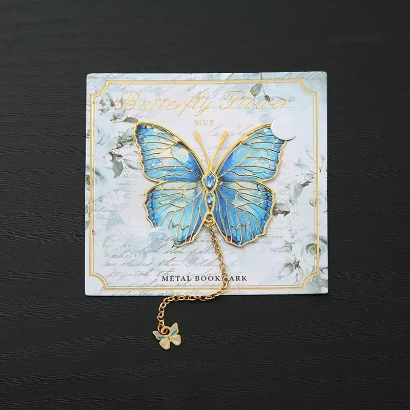 Vintage Blue Butterfly Metal Bookmark, Alloy Gold Plated, Gradient Enamel, Fine Gold Chain, Mini Butterfly Pendant, 8x8cm, Book Mark Gift