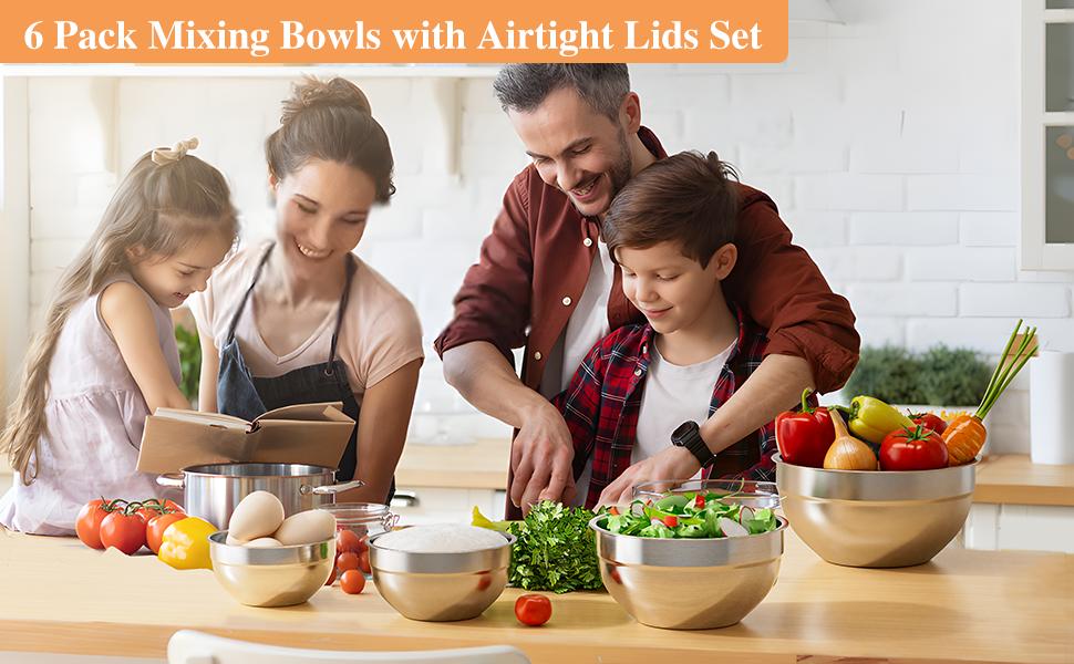 Mixing Bowls with Lids Set, 6 PCS Stainless Steel Mixing Bowls with 3 Grater Attachments, Kitchen Food Storage Organizers Nesting Mixing Bowl, Large Size 4.5, 3.5, 2.1, 1.5, 1.1, 0.7QT