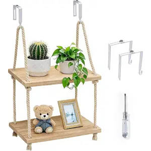 2 Tier Cubicle Hanging Shelf with Hooks, 11.8 Inch Wooden Hanging Shelf with Cotton Rope Organizer, Boho Style Desk Storage Decor for Office Work for Women Men