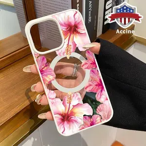 Magnetic Phone Case for iPhone 16 Pro Max 17 15 14 13 12 11 XR XS Plus E Hibiscus Harmony Pattern Acrylic Back TPU Edges Clear support wireless charging Bumper Cover Protection Fingerprint