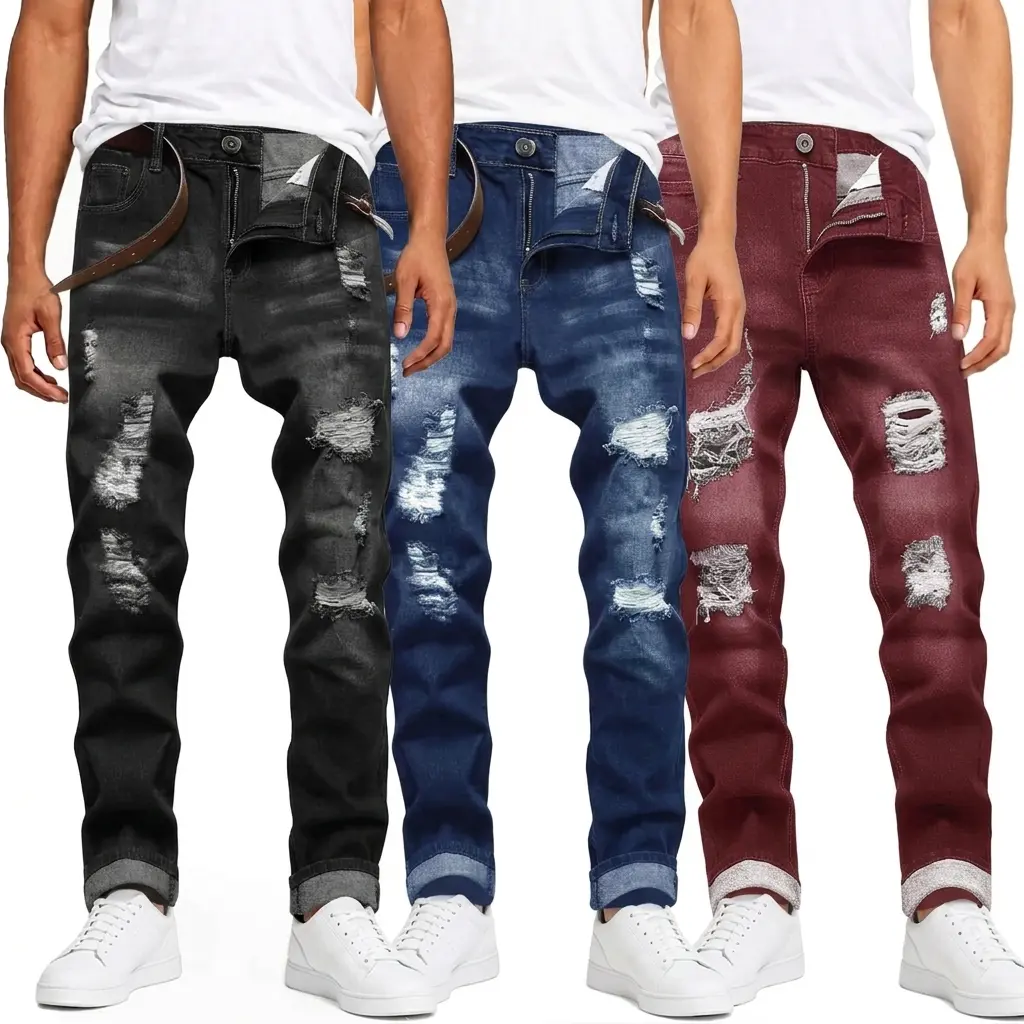 2026 New Men's Slim Fit Explosive Ripped Jeans 3 Pack Classic Versatile 5 Pocket Design