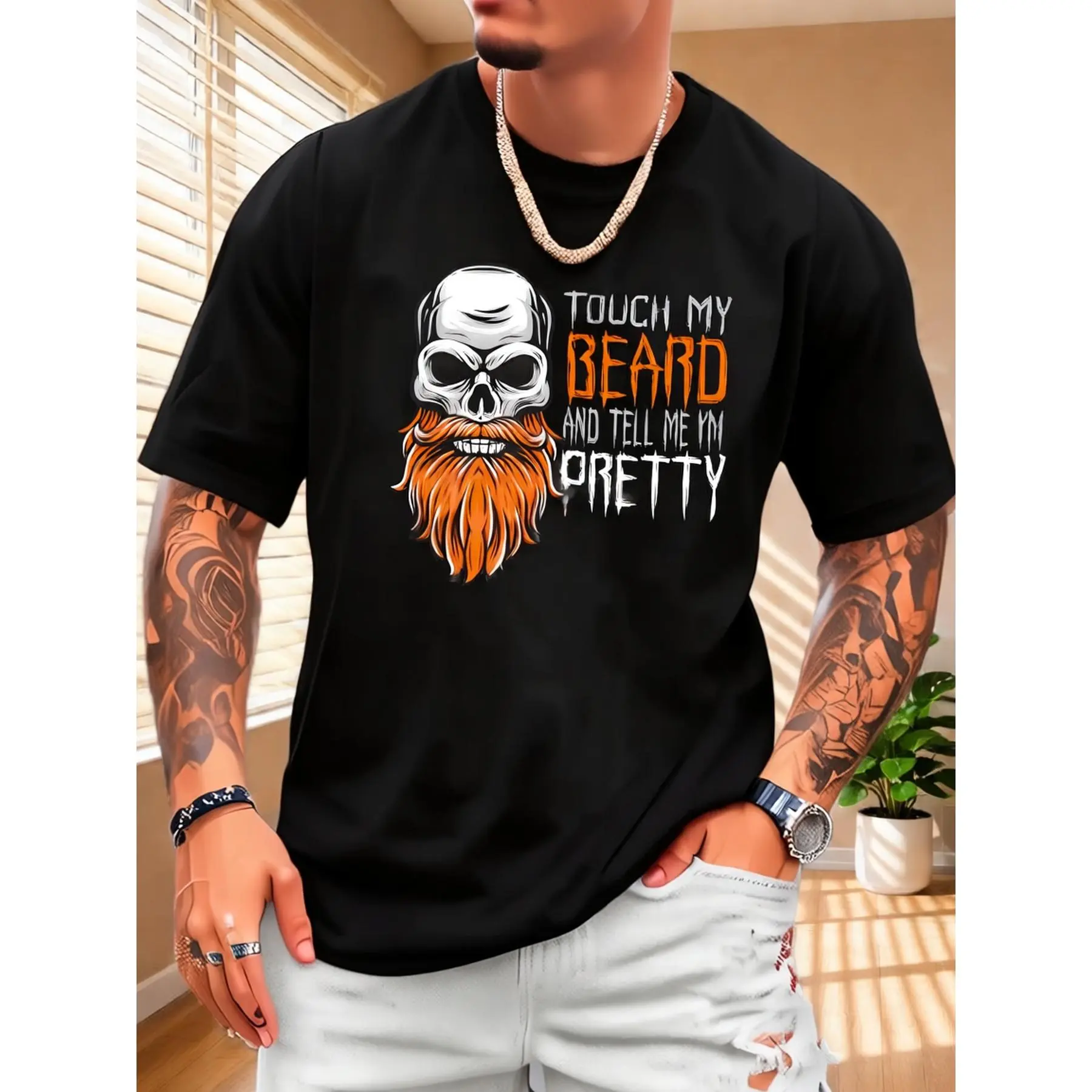 Men's Humorous Graphic T-Shirt, "Touch My Beard" Bearded Skull, Sarcastic Short Sleeve Knitted Cotton Tee, Novelty Casual Wear Gift, Shortsleeve, Fabric, Soft, Breathable