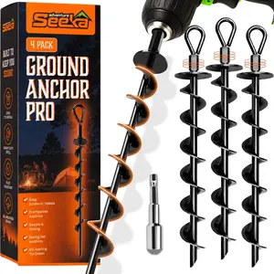 Ground Anchors Screw in Heavy Duty 4 Pack with Power Nut Driver Drill Bit Spiral Ground Stakes Swing Set Anchors Trampoline Tie Down Kit High Wind Tent Stakes for Canopy Car Port RV Awning