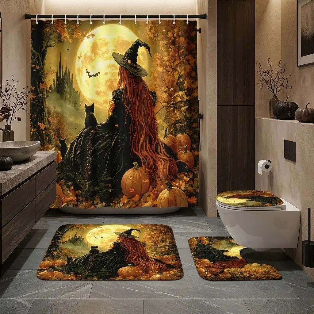 Gothic Halloween Witch Shower Curtain Set – Soft Textile with Long Red-Haired Witch, Feline Companions, Glowing Pumpkins & Creepy Castle, Thick Bath Mat for Eerie Styling, Mystical Autumn Ambiance