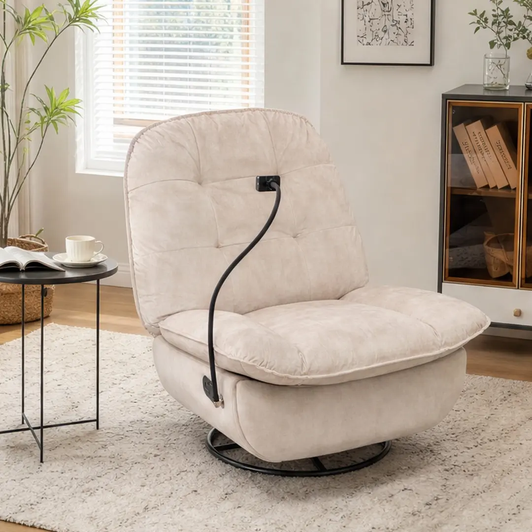 ARCH Ivory Velvet Recliner Chair with Phone Holder Swivel Gliding Rocking Oversize Large Reading Chair for Living Room Bedroom Home Theater Manual Push Back Cushion Back Armless Metal Frame Oak Wood Cotton Fill Heavy Duty Soft Seat Modern