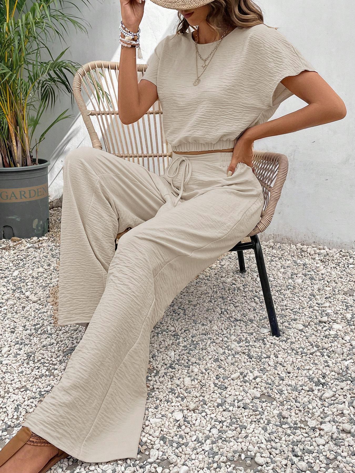 Women's Solid Color Short Top & Wide Leg Pants Two-piece Set, Casual Fashion Cozy Top & Trousers for Daily Outdoor Wear, Ladies Summer Clothes