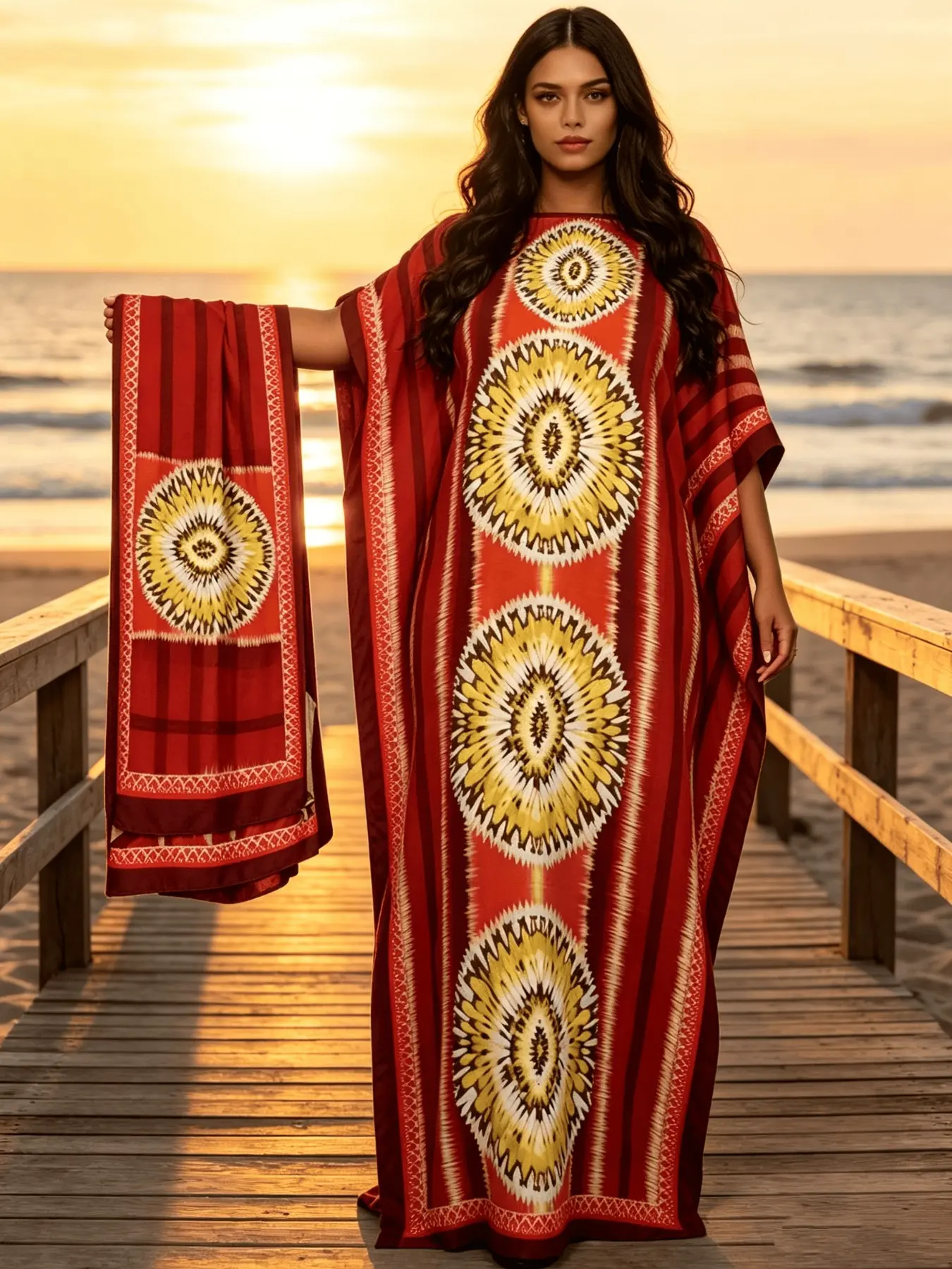 Boho Ethnic Circular Mandala Tie Dye Print Loose Satin Kaftan Dress, Smooth Luxury Home Sleepwear Night Robe, Oversized Floor Flowy Tunic, Elegant Seaside Boardwalk Evening Outfit With Coordinating Head Wrap, Suitable For Plus Size Ladies