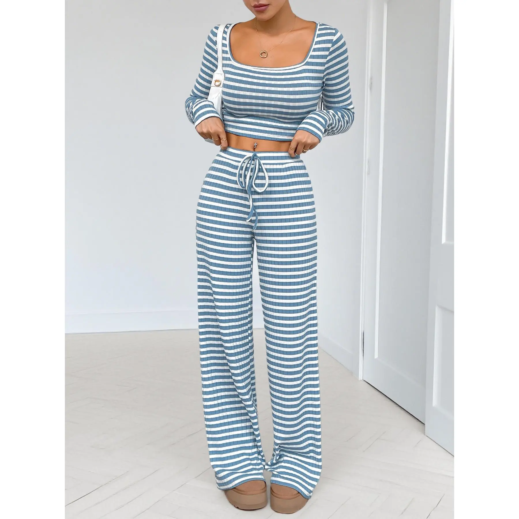 Y2K Trending Ribbed Striped 2 Piece Outfit Women Square Neck Long Sleeve Crop Top Drawstring Wide Leg Flare Pants Matching Loungewear Set Pajamas Nightwear