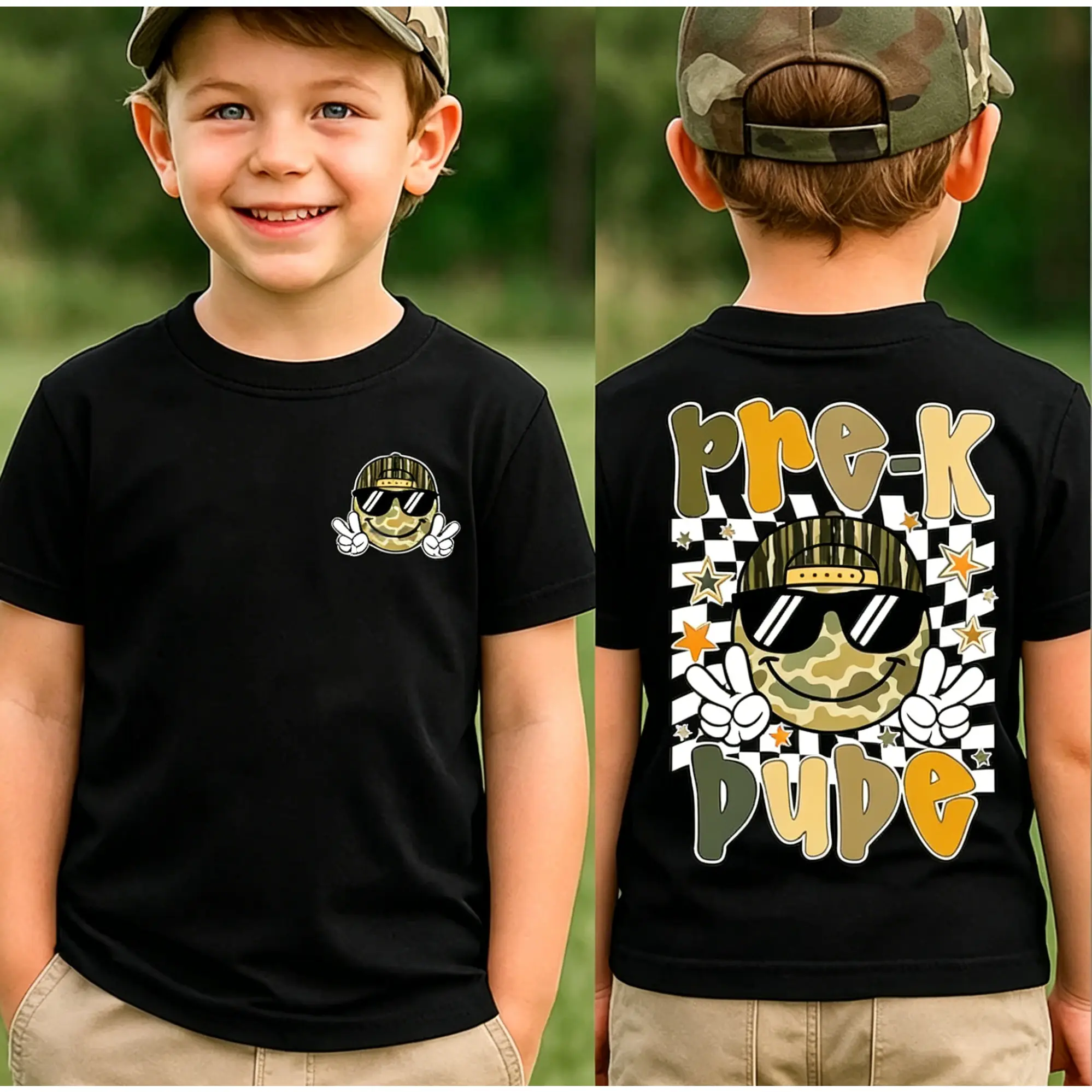 Double Sided Pre-K Dude Camo Smile Toddler Boys Preschool T-Shirt,PreK First Day of School Shirt, Back To School Gift, Kindergarten Shirt, Camo School Tee # BackToSchoolShirt # PreKDude