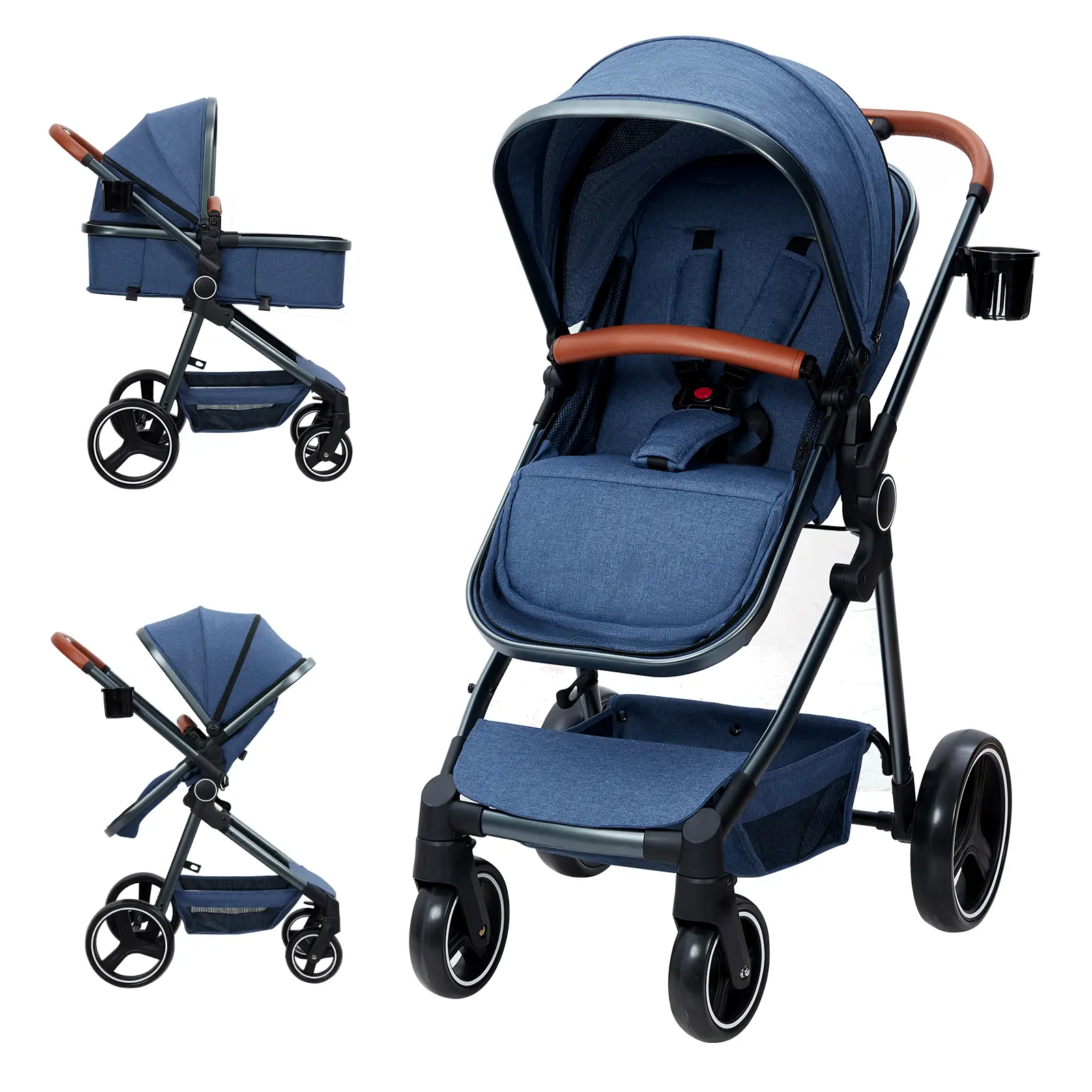 2-In-1 Convertible Stroller with Bassinet Mode, Foldable Stroller with Adjustable Canopy and Backrest, High Landscape Stroller with Reversible Stroller Seat, Blue/Gray