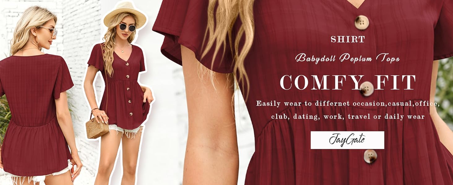 Imily Bela Womens Short Sleeve V Neck Blouse Button Down Shirt Loose Casual Ruffle Hem Babydoll Peplum Tops