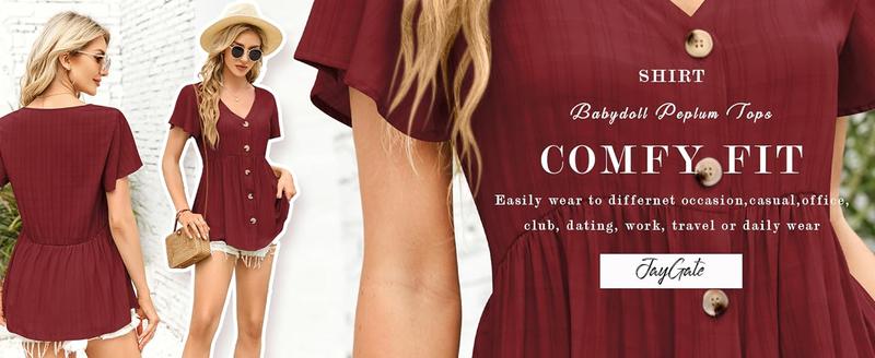 Imily Bela Womens Short Sleeve V Neck Blouse Button Down Shirt Loose Casual Ruffle Hem Babydoll Peplum Tops