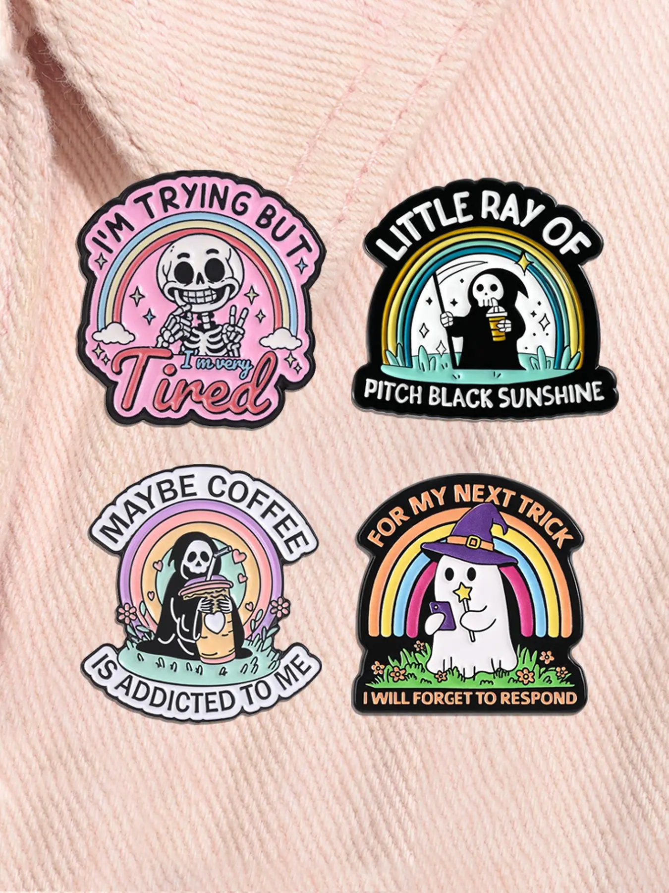 4-piece Gothic Ghost Skull Rainbow Enamel Pins, Grim Reaper Drinking Coffee, Ghost Wizard Skull, Bijou Alloy Brooches Lapel Backpack Clothing Decor Badge Fashion Jewelry Accessories Gifts for Friends