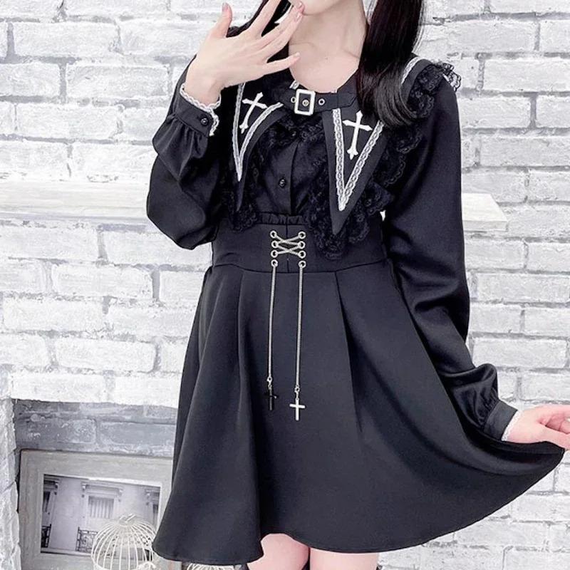 Japanese Gothic Lolita Loose Blouses Sweet Lace Ruffles Embroidery Sailor Collar Shirt Women Punk Style Y2k Long Sleeve Top 2026