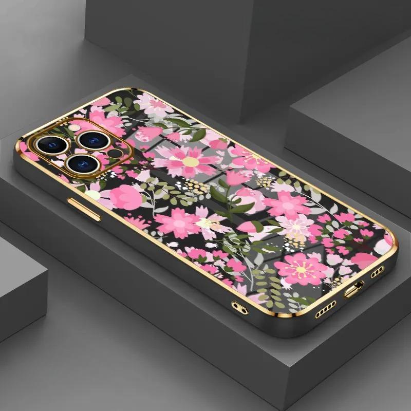 Phone Case  Floral Delight Dream Luxury Golden Edge Elecroplated TPU Camera Lens Protection Shockproof Phone Cover Gift Smartphone Casing for iPhone 17 15 Pro Max 16 14 Plus 13 12 Pro Max