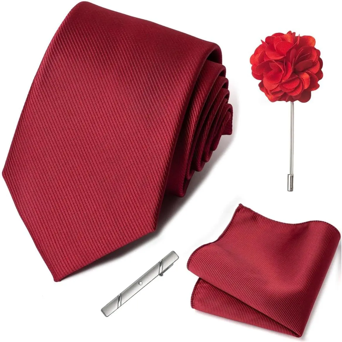 Solid Ties for Man Pure Color Men's Tie Set with Lapel Pin Pocket Square Tie Clip