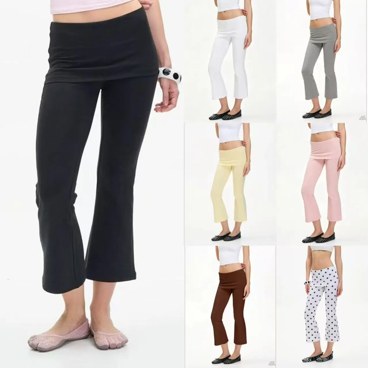 Women Low Rise Fold Over Waist Capri Pants Polka Dot Knit Stretch Cropped Flare 7/8 Pants Casual Bootcut Trousers