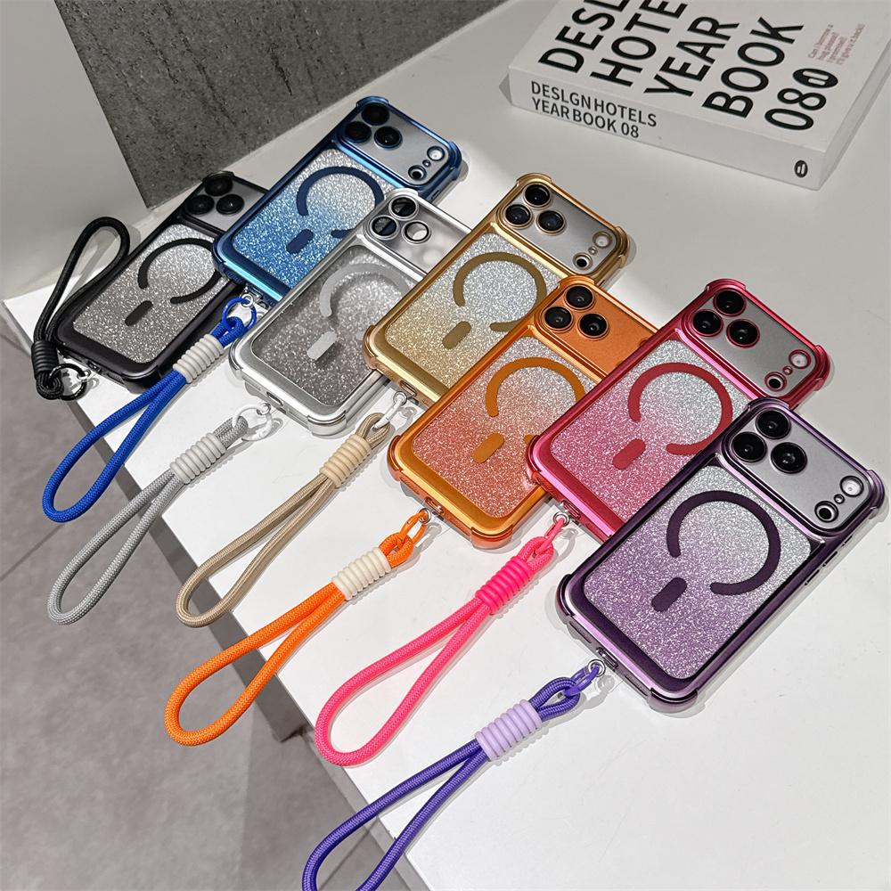 Luxury Wrist Strap Glitter Lanyard Phone Case For iPhone 17 Air 16 15 14 13 Pro Max For Magsafe Wireless Charging Armor Cover