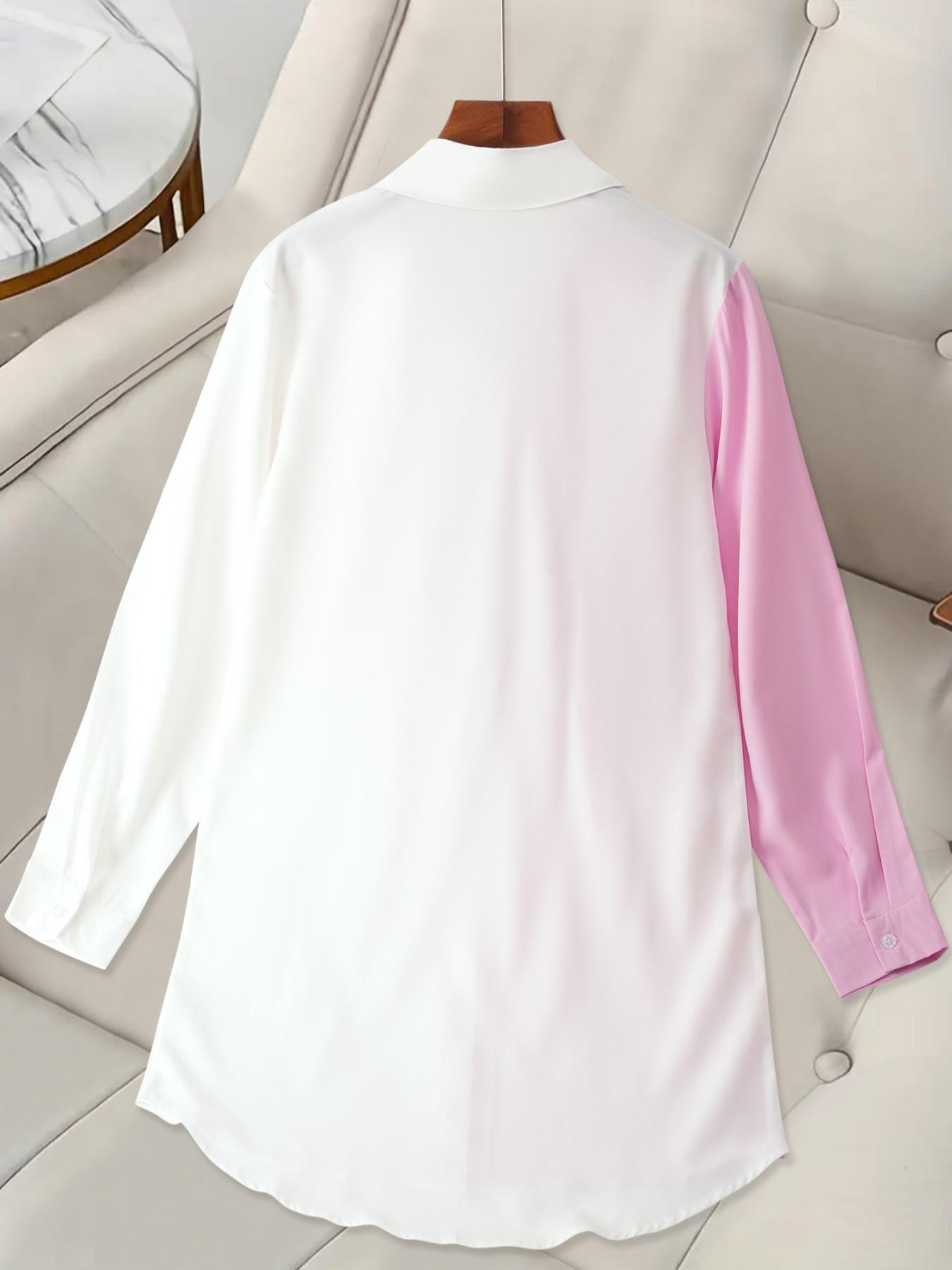 Women's Colorblock Pocket Button Front Curved Hem Shirt, Casual Button Down Long Sleeve Top for Summer, Ladies Clothes for Daily Wear