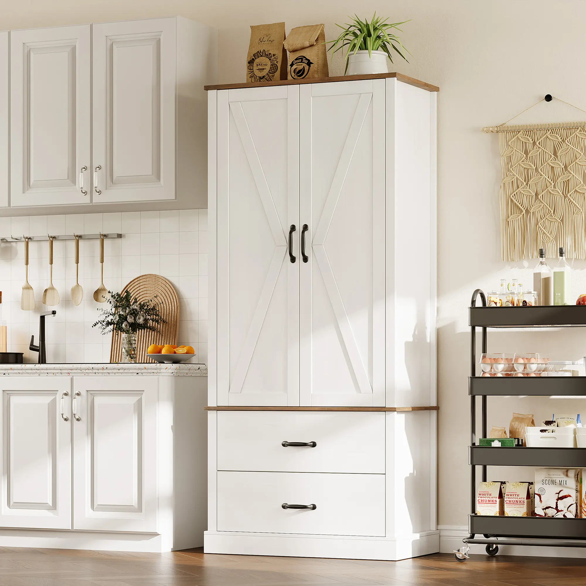 Modern Kitchen Pantry Closet with Adjustable Shelves and 2 Doors and Drawers, Cupboard for Dining Room, Living Room