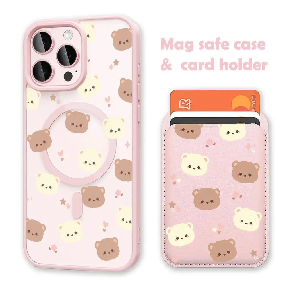 Cute Bear Magnetic Shockproof Casing - White Clear MagSafe Compatible Smartphone Accessory with Wireless Card Holder Wallet, for iPhone 17/16 Pro Max and Samsung S25 Black Handheld Phone Cover