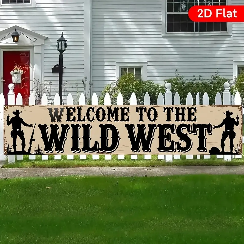 Welcome to the Wild West Cowboy Banner, Polyester 2D Print, Multiple Sizes, Garden Fence Decor, Western Theme Party Supplies
