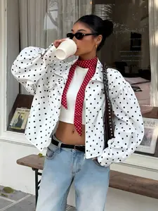 Women's Polka Dot Zip Up Lapel Cropped Jacket, White Long Puff Sleeve Button Detail Short Coat, Vintage Y2K Casual Outerwear to Match Tops & Jeans for Daily Outing, Brunch, Shopping, Date Night, Street Snap, Trendy Spring Fall Streetwear for Ladies
