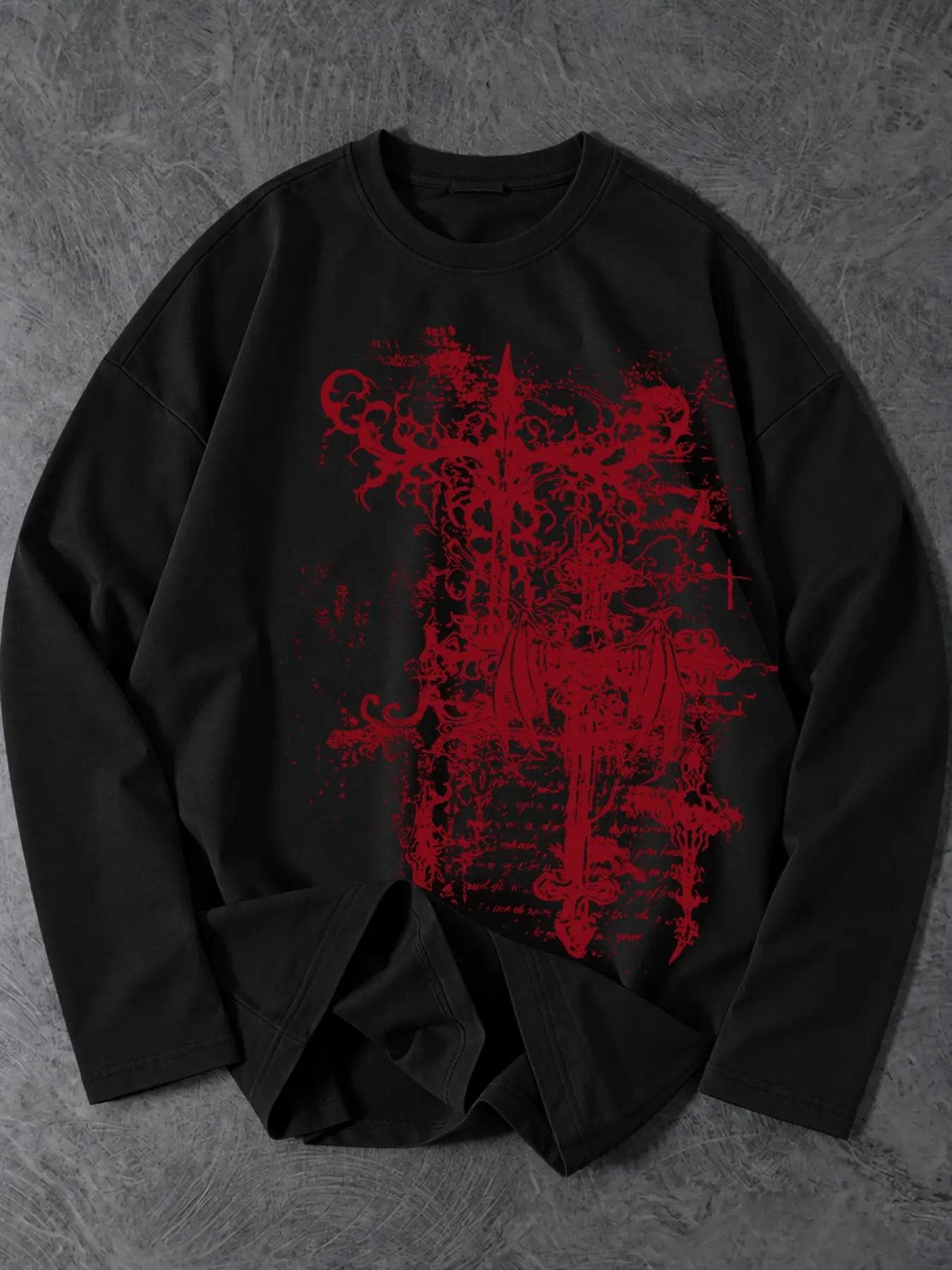 Vintage Grunge Bat Wings Cross Print Oversized Long Sleeve Tee Alt Aesthetic Crewneck Sweatshirt Unisex Fashion Top Casual Loose Sweatshirt for Trendy Street Style