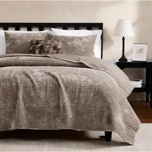 Size Quilt Set - Brown Taupe Tan Camel Striped Pick  Soft Lightweight Bedspread,   Country Rustic Coverlet, Modern Bedding Warm Thin Comforter, 2 count